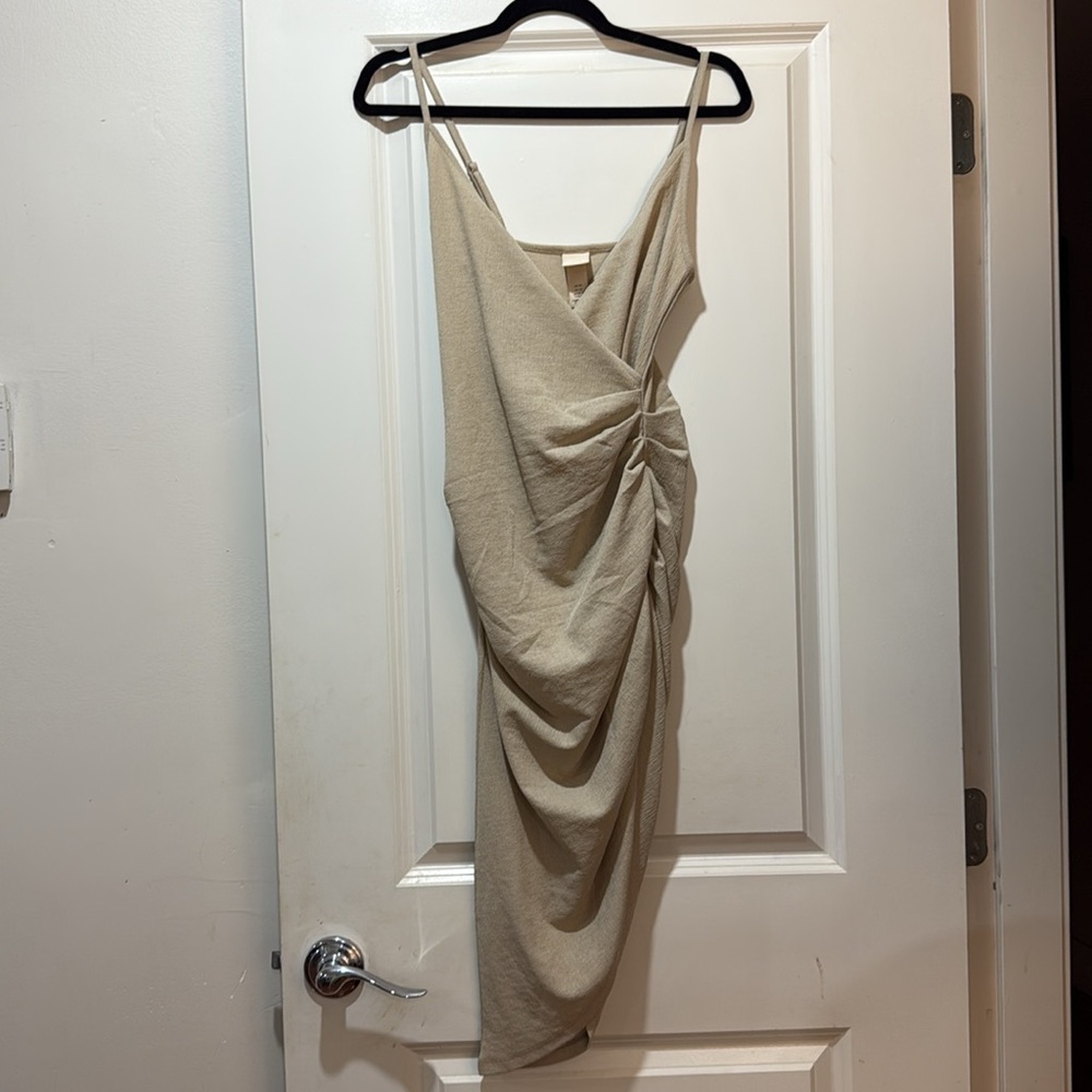 H&M Light Brown Asymmetrical Ruched Dress with adjustable straps - BNWT